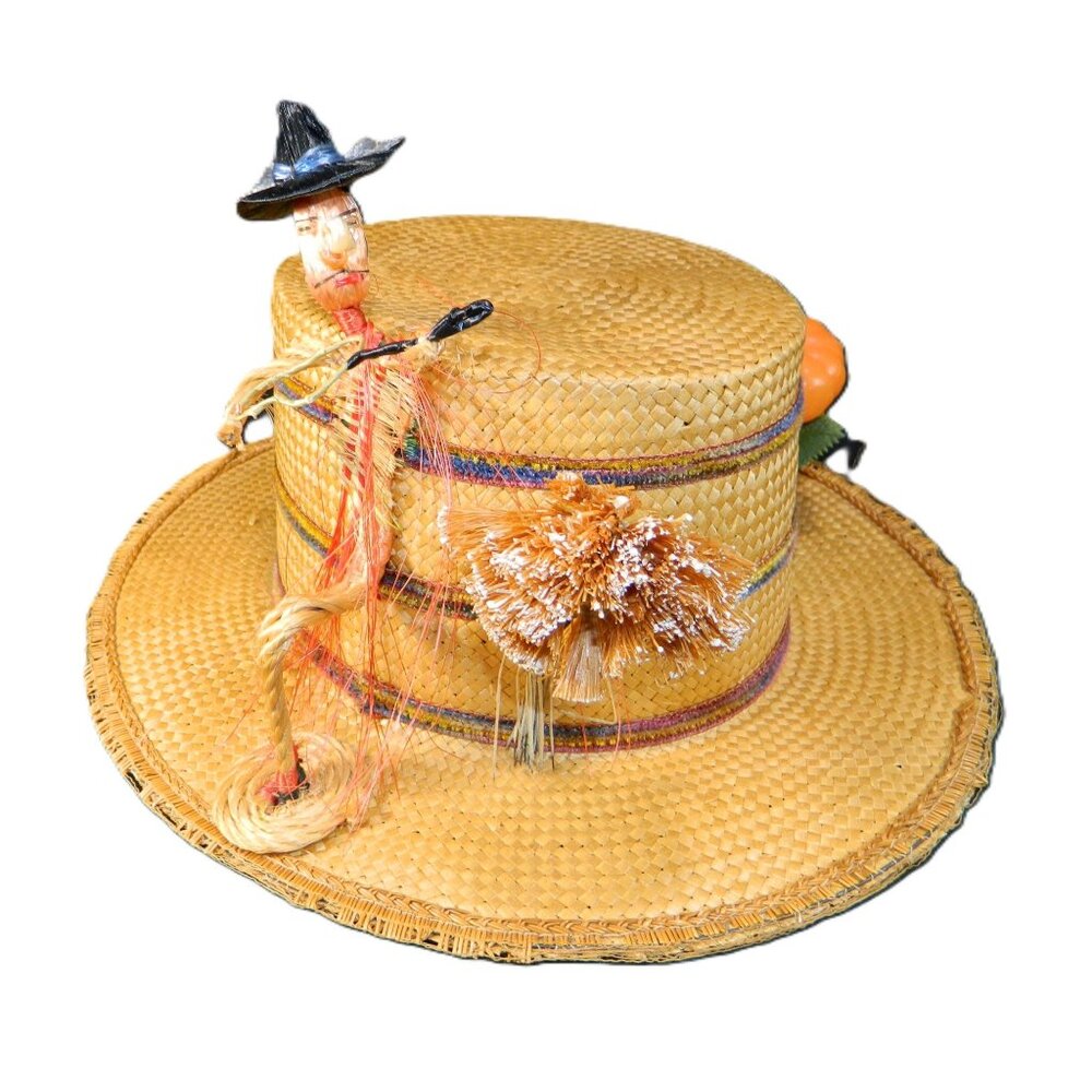 Vtg Italian Straw Hat With Figurine & Accents 1950s Boater Gatsby Autumn Fall